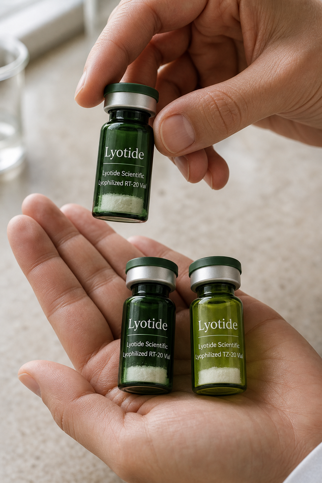 Lyotide lyophilized research vials held in hand